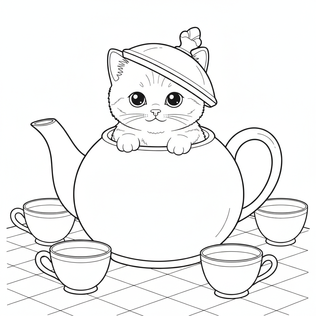 Fluffy Kitten in a Polka Dot Teapot — Free Coloring Page for Kids
