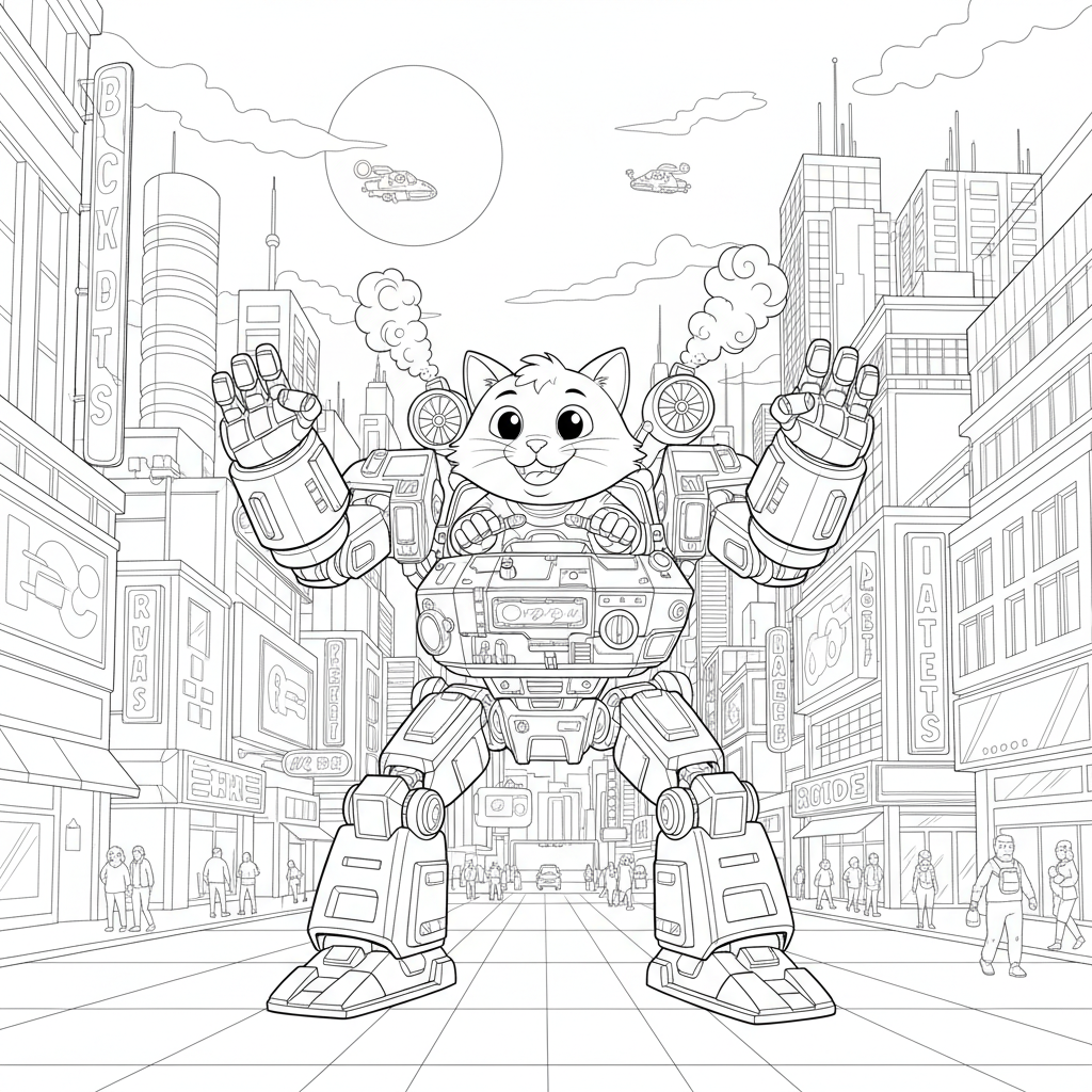 Robo-Cat Mech Coloring Adventure — Free Coloring Page for Kids coloring page