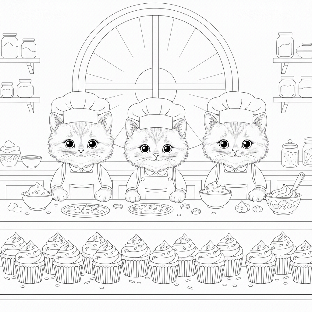 Three Kittens Decorating Cupcakes — Free Coloring Page for Kids coloring page