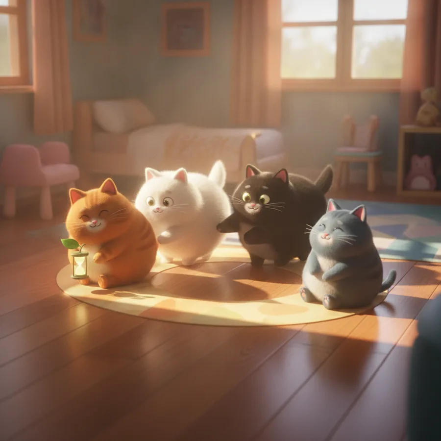 Diese entzückende Szene zeigt fünf cartoonhafte Katzen, die verspielt interagieren. Die sanften Konturen machen es kleinen Händen leicht zu malen.