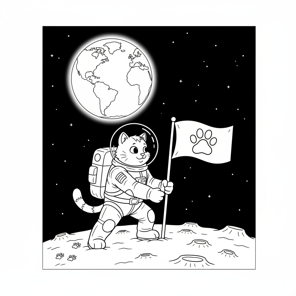 Cat Astronaut Moonwalk — Free Coloring Page for Kids coloring page