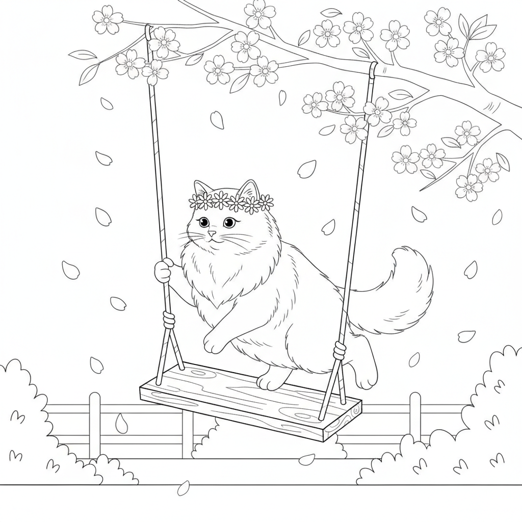 Kitten Swinging Under Cherry Blossoms — Free Coloring Page for Kids
