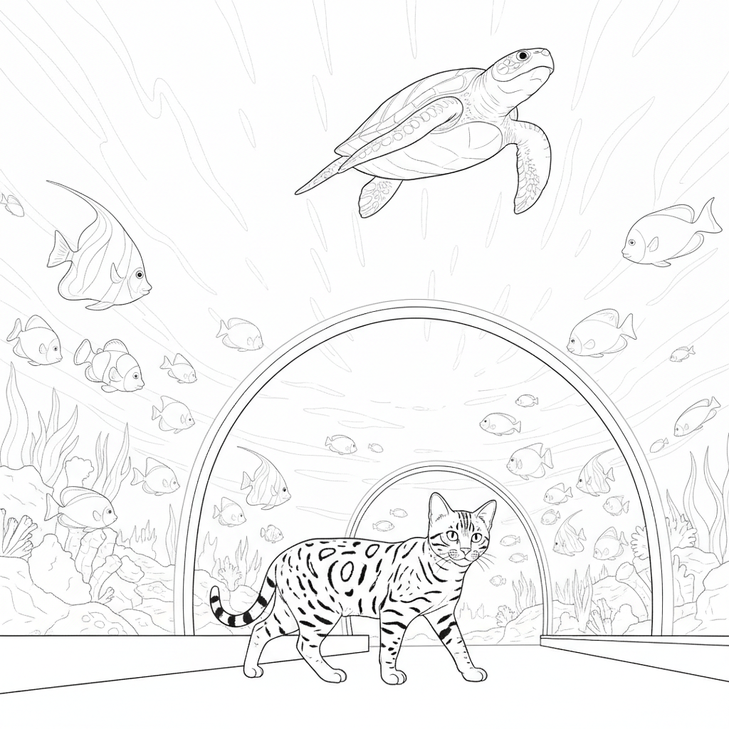Chat Tacheté dans un Tunnel d'Aquarium — Coloriage Chats — Gratuit à Imprimer