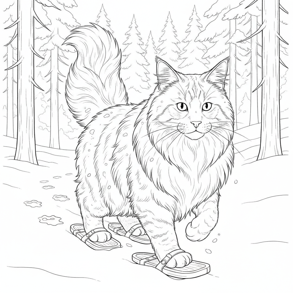 Gato Esponjoso con Raquetas de Nieve — Dibujos de Gatos para Colorear — Gratis para Imprimir