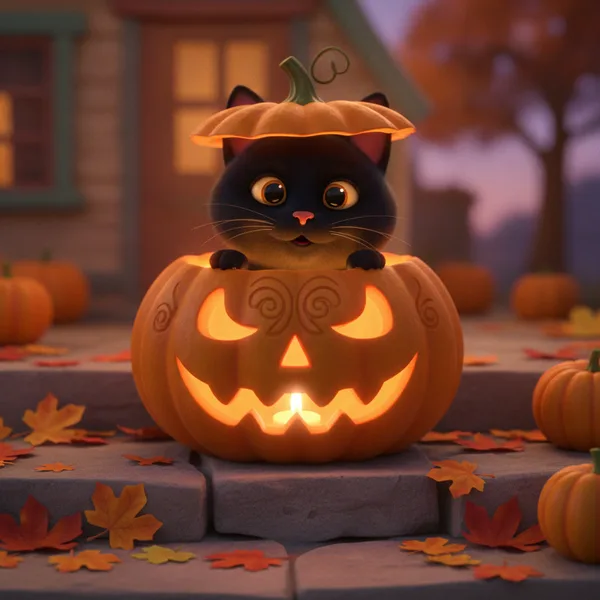 Cute Black Cat in a Pumpkin Patch — Free Coloring Page for Kids