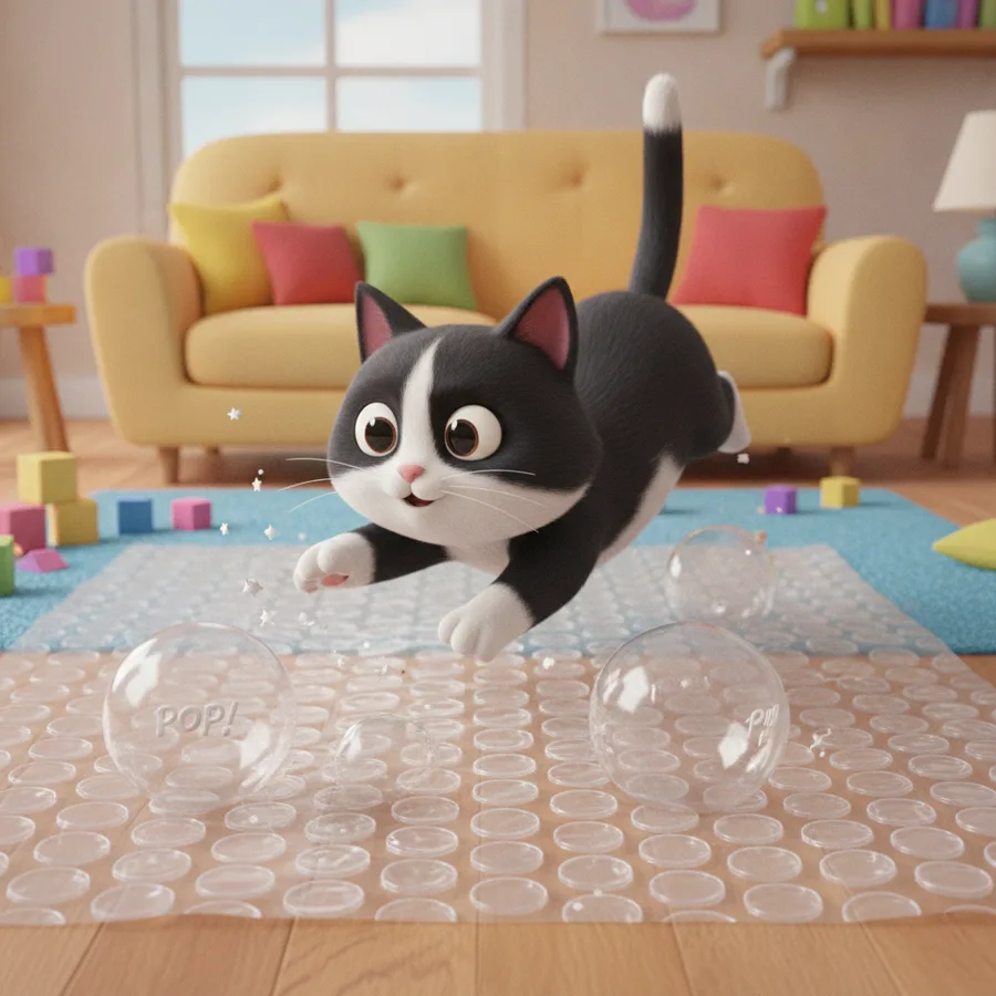 Diese Ausmalseite zeigt eine fröhliche Katze, die nach bunten Blasen springt. Die Blasen sind einfach auszumalen, während der strukturierte Hintergrund eine interessante Herausforderung bietet.