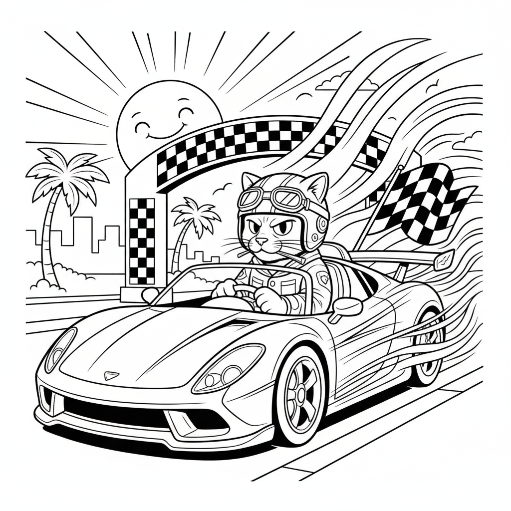 Cheerful Cat Race Car Driver — Free Coloring Page for Kids coloring page