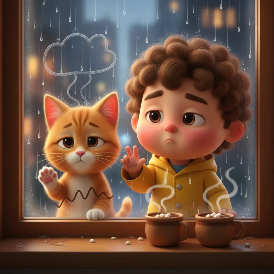 Nesta cena de colorir, as crianças podem se divertir colorindo a brilhante capa de chuva amarela e o suave gato laranja. A janela e as xícaras oferecem áreas fáceis para os jovens artistas.