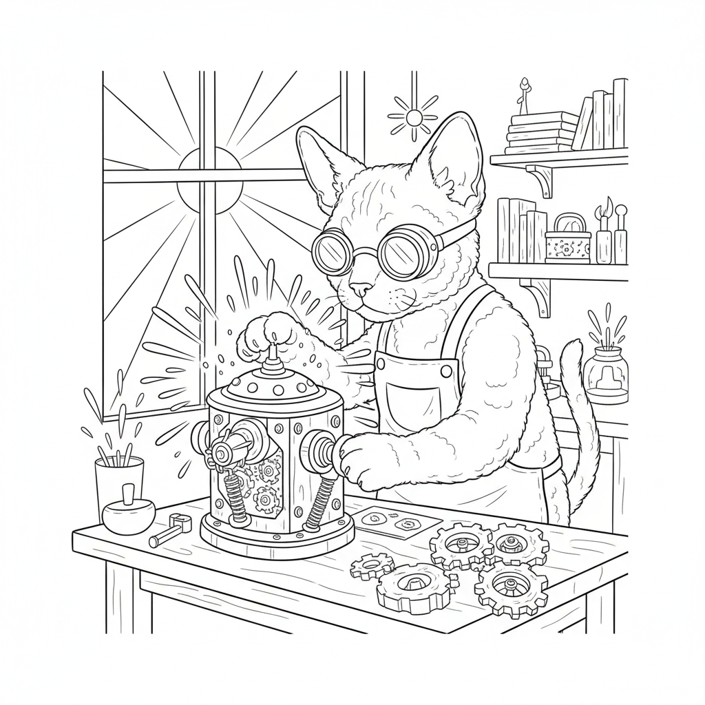 Devon Rex Cat Inventor — Free Coloring Page for Kids coloring page