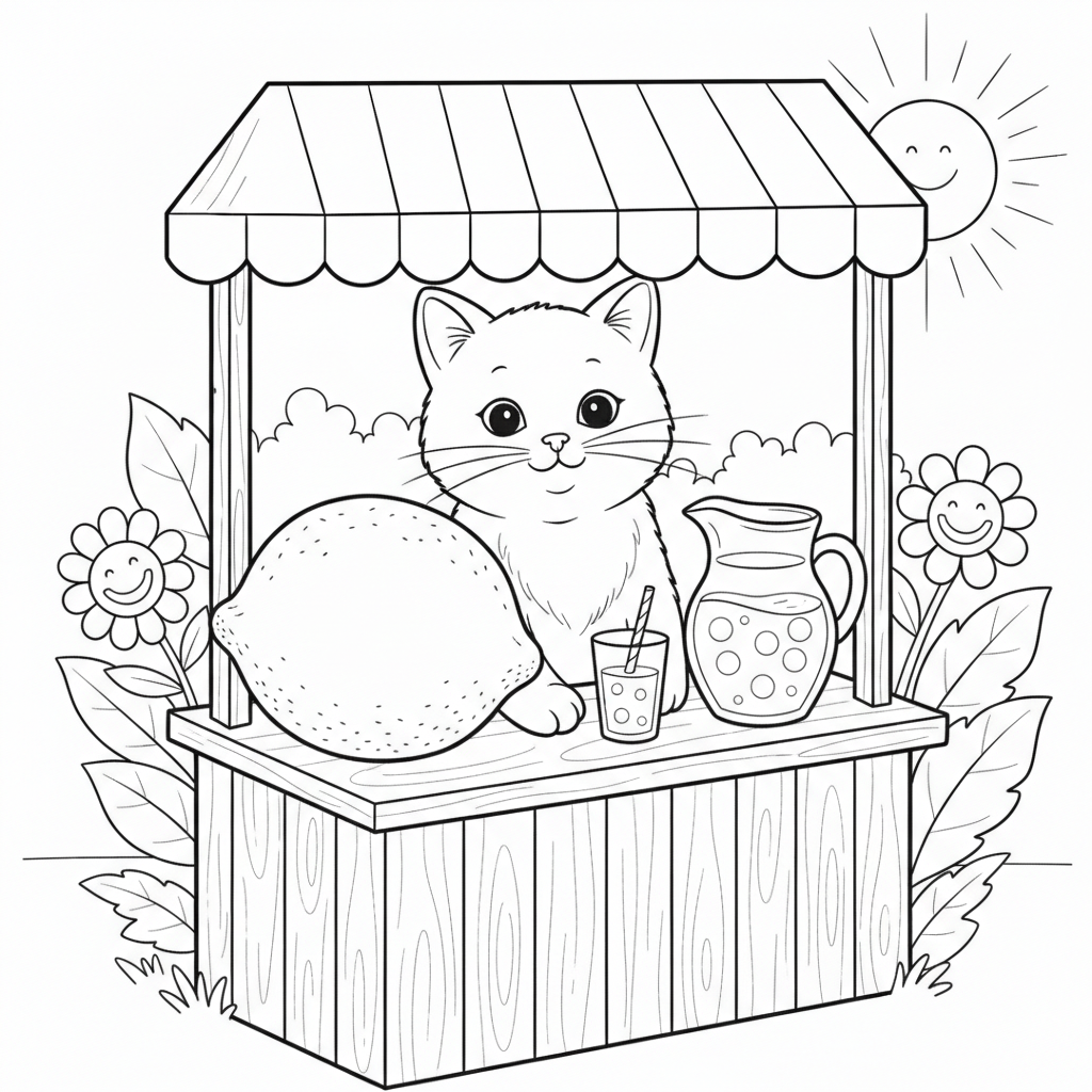Fluffy Cat at a Lemonade Stand — Free Coloring Page for Kids