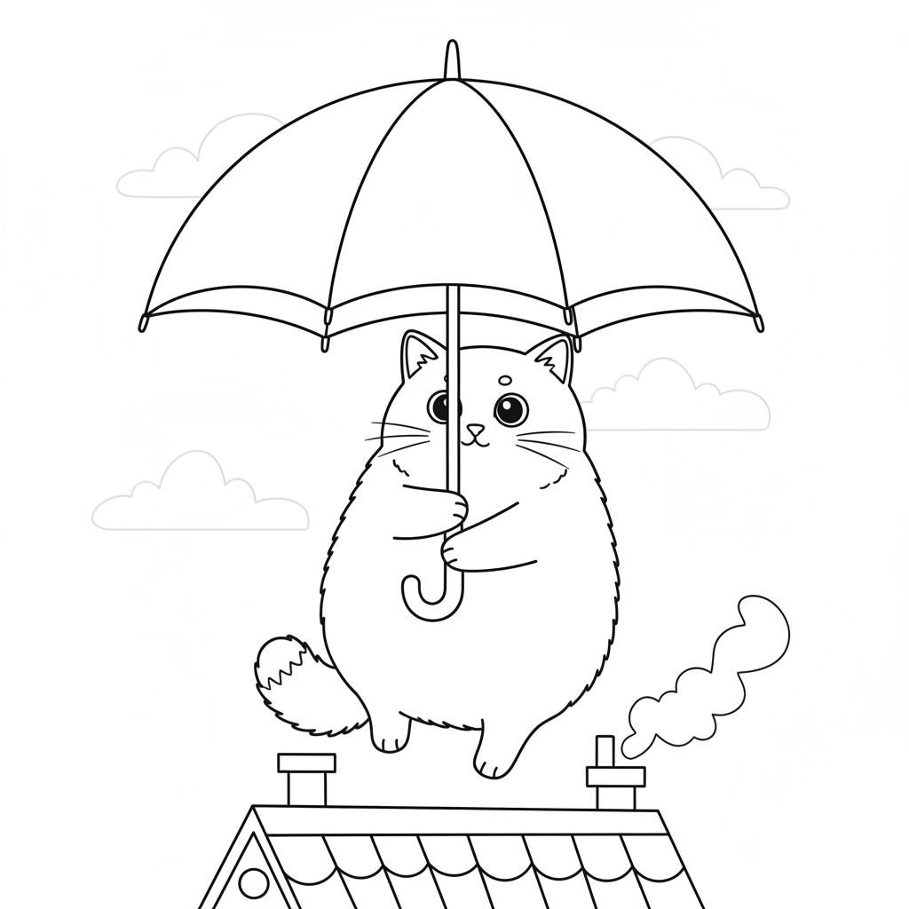 Fluffy Gray Cat with Red Umbrella — Free Coloring Page for Kids