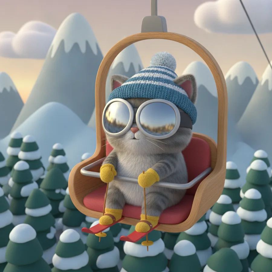 Cette page à colorier présente un joli chat gris dans un télésiège, entouré d'un paysage montagneux enneigé. Les grandes lunettes de soleil et le bonnet du chat offrent des détails amusants.