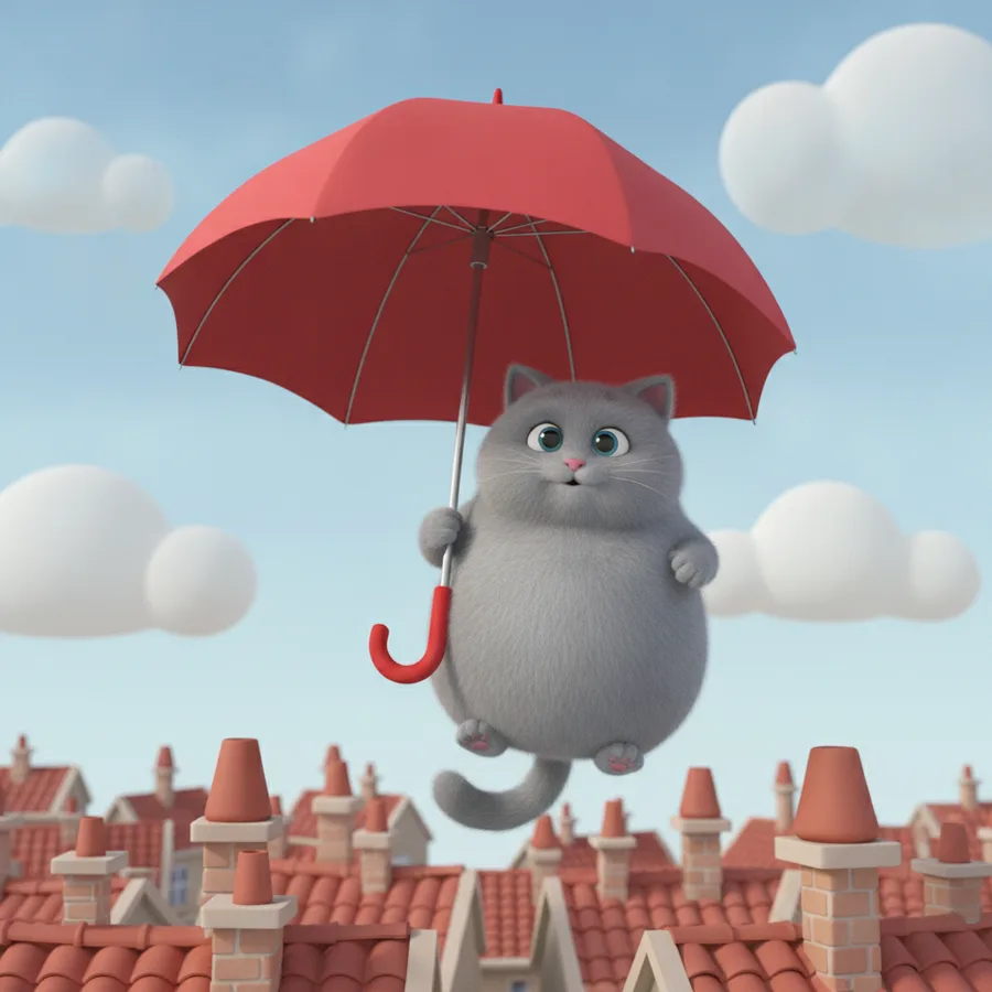 This delightful coloring page features a cute gray cat with a bright red umbrella. The sky and clouds are easy to color, while the details of the houses offer a fun challenge.