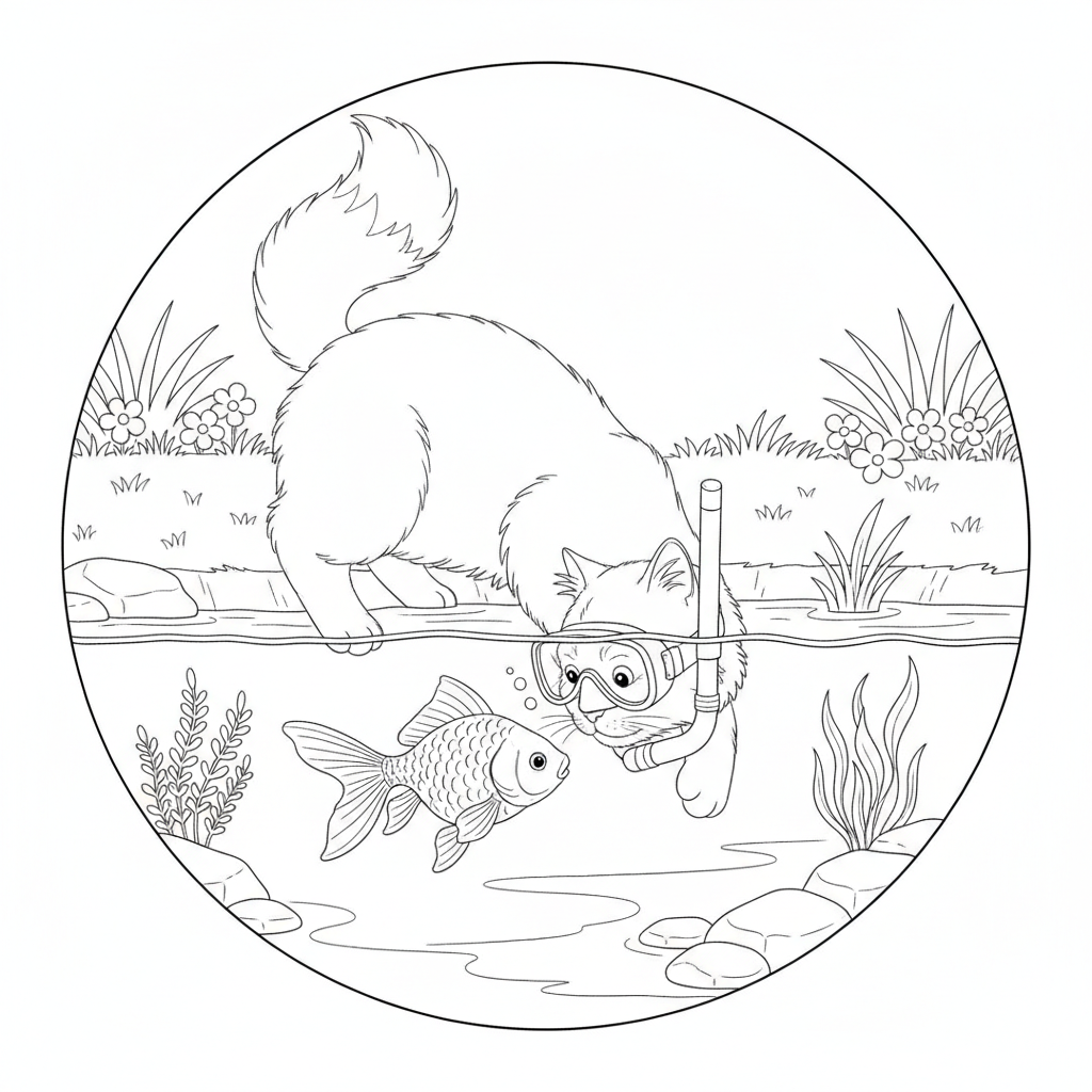 Curious Cat with Snorkel — Free Coloring Page for Kids