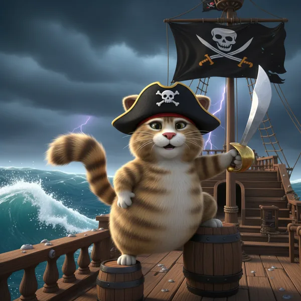 Pirate Cat on a Barrel — Free Coloring Page for Kids