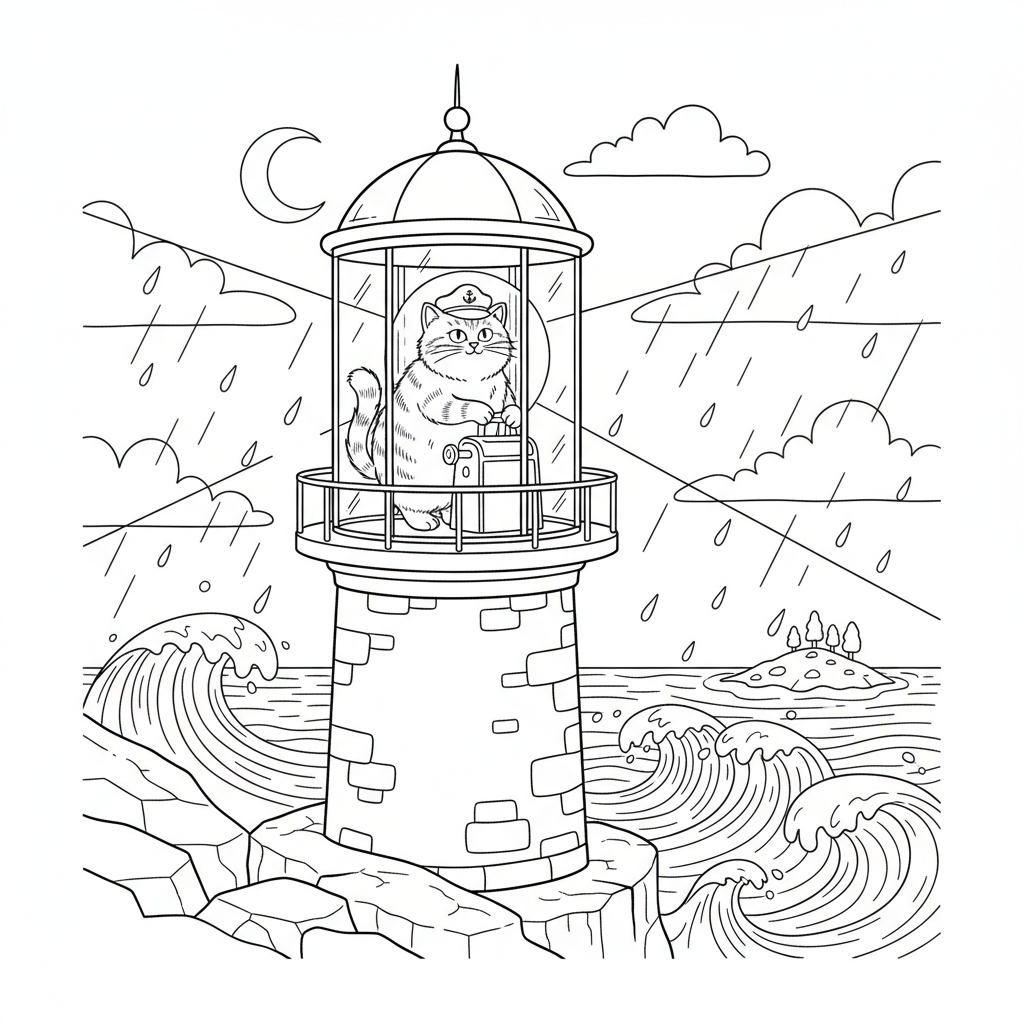 Captain Whiskers at the Lighthouse — Free Coloring Page for Kids coloring page