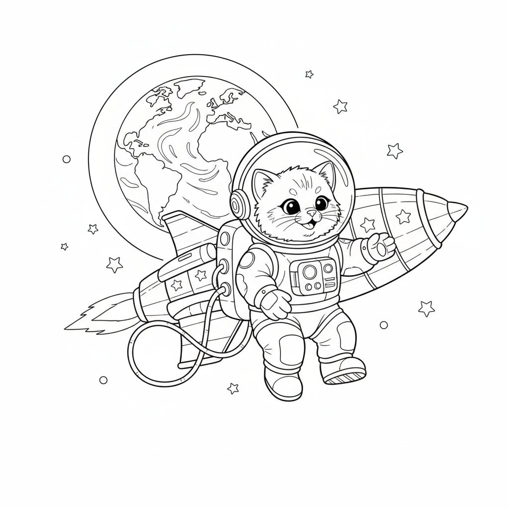 Cute Kitten Spacewalk — Free Coloring Page for Kids coloring page