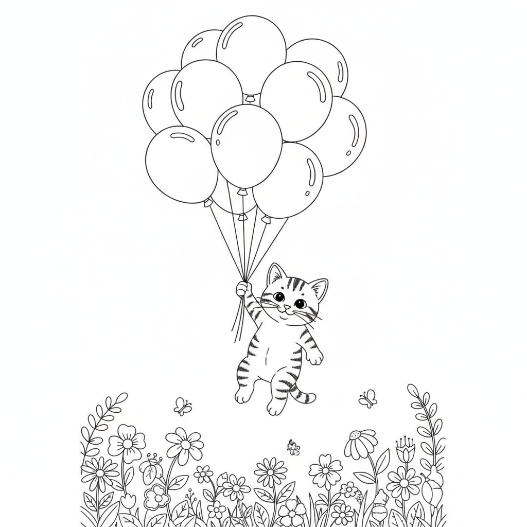 Fluffy Orange Kitten with Balloons — Free Coloring Page for Kids