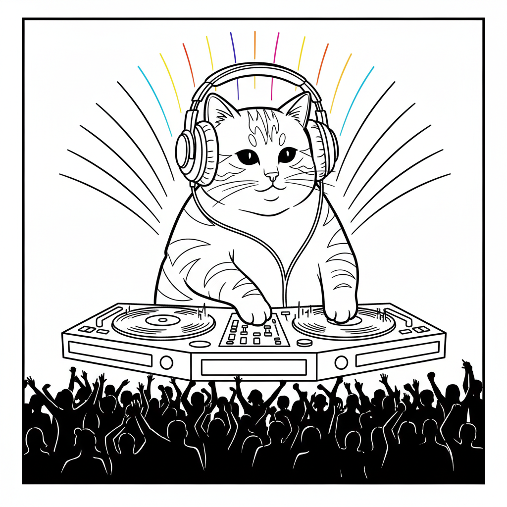 DJ Whiskers in the Spotlight — Free Coloring Page for Kids coloring page