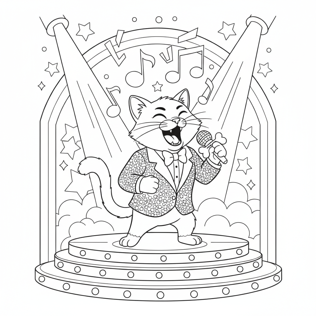 Animated Cat Singing on Stage — Free Coloring Page for Kids coloring page