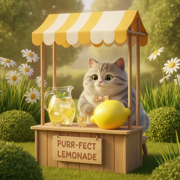 Fluffy Cat at a Lemonade Stand — Free Coloring Page for Kids