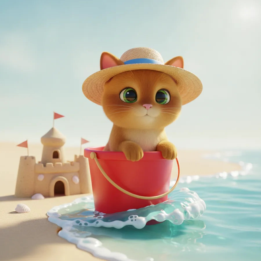 Color the cheerful orange kitten sitting in a bright red bucket by the shore. The easy areas include the waves and bucket, while the kitten's details offer a fun challenge.