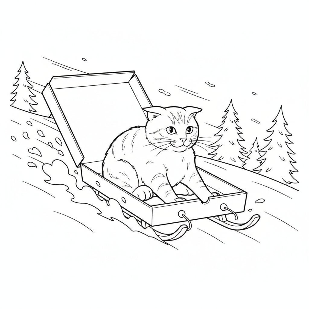 Fluffy Orange Cat in a Pizza Box — Free Coloring Page for Kids