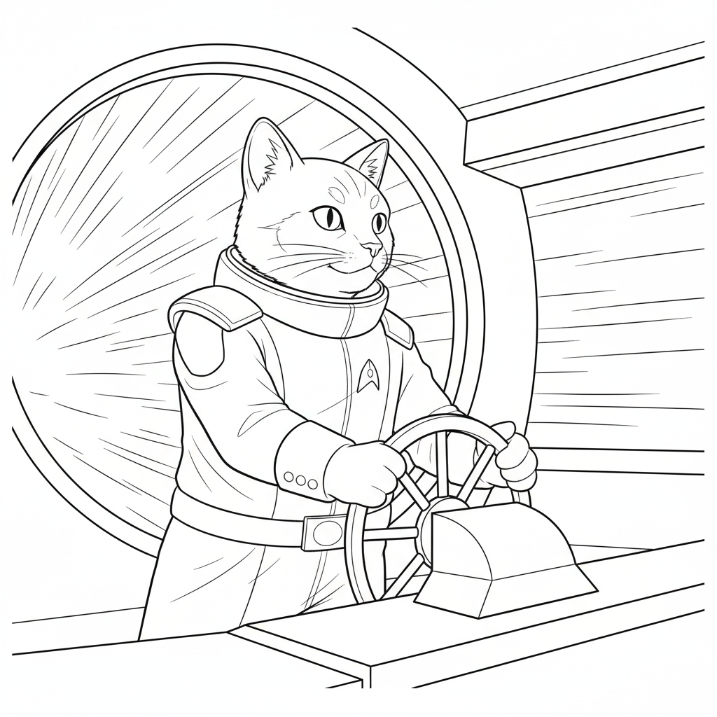 Cat Starship Captain — Free Printable Coloring Page for Kids coloring page