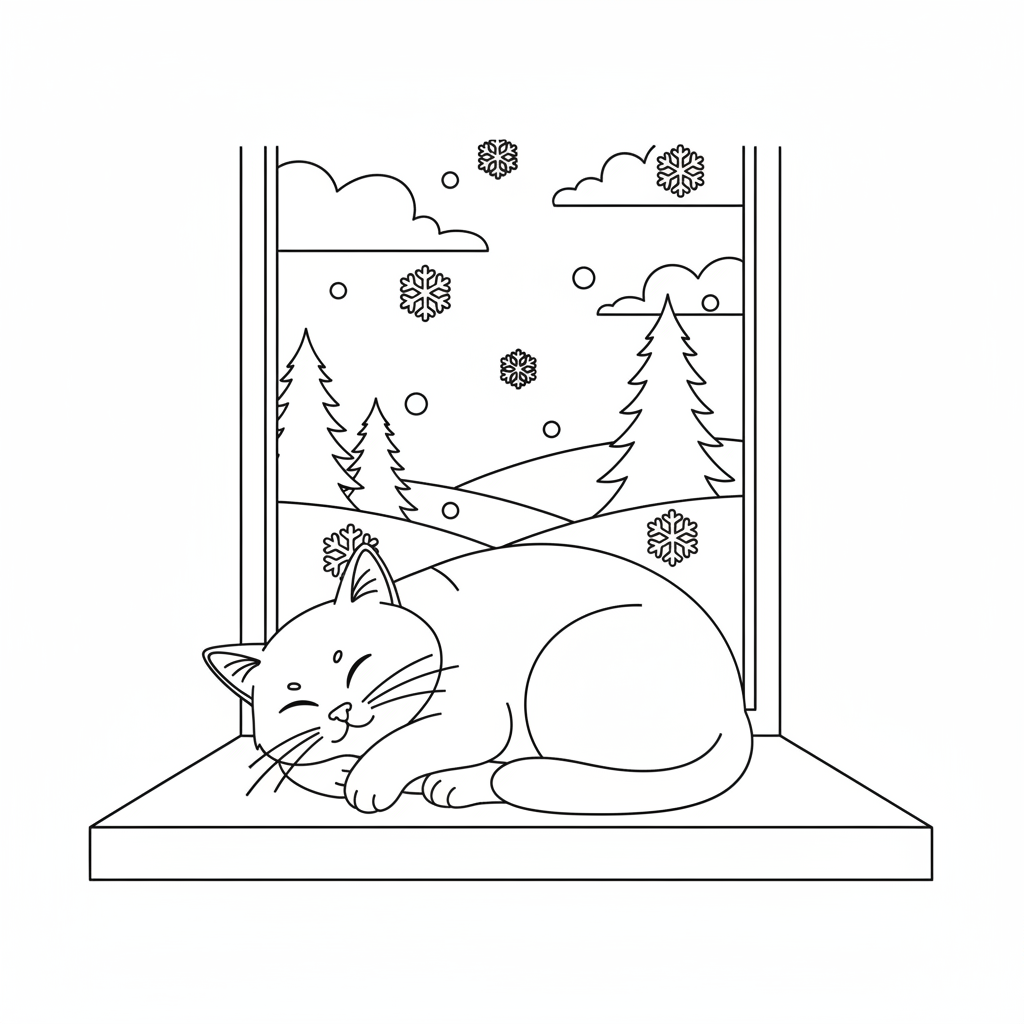 Sleepy Window Cat — Free Printable Coloring Page for Kids coloring page