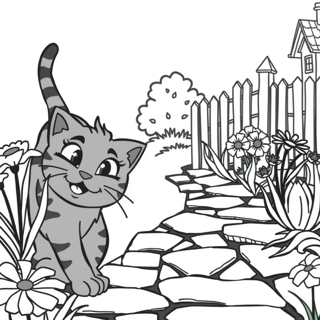 Ginger Cat in the Flower Garden — Free Coloring Page for Kids coloring page