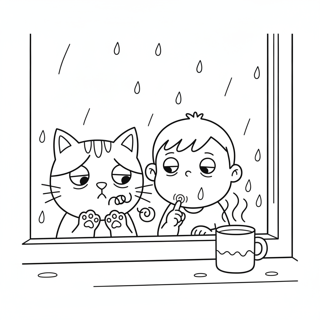 Uma Criança com Capa de Chuva na Janela — Desenho de Gatos para Colorir — Grátis