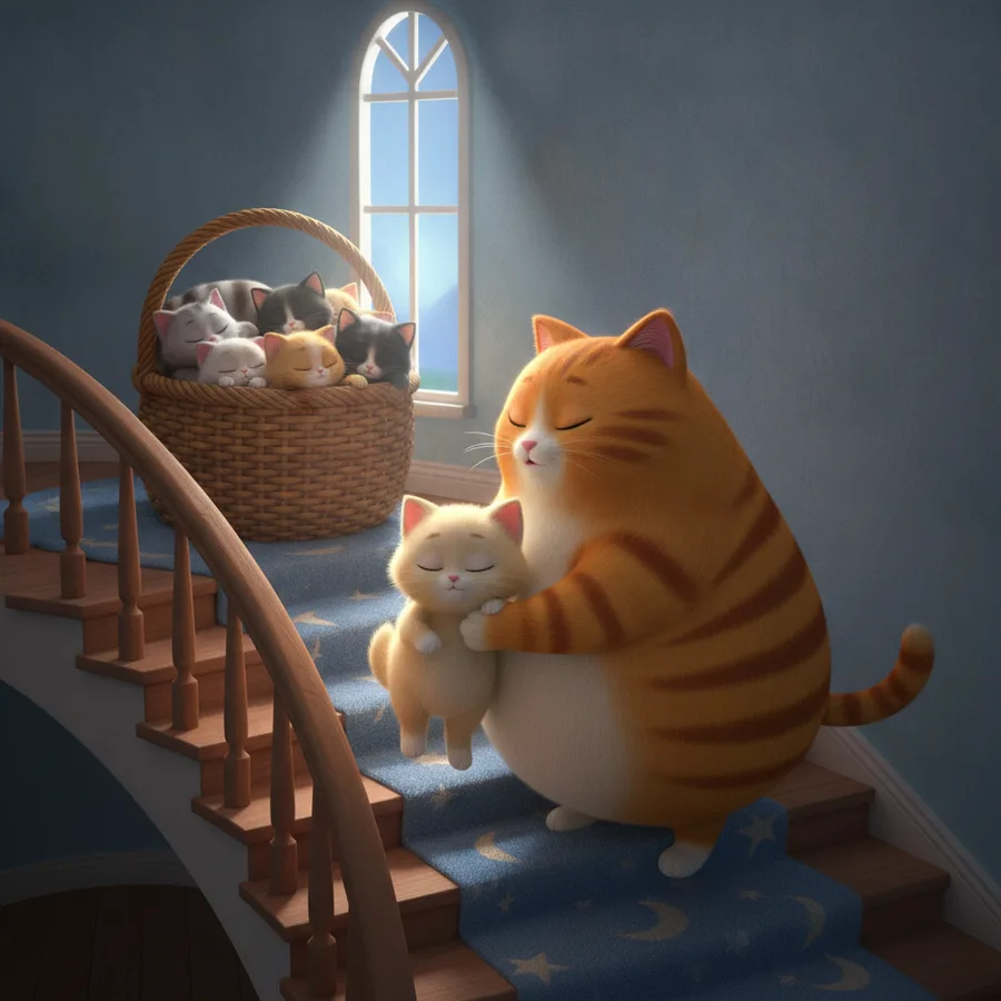Dieses charmante Bild zeigt eine Mutterkatze, die ihr Kätzchen auf einer Treppe trägt. Die Kätzchen und die Treppe sind einfach zu malen, während die Details im Korb eine spaßige Herausforderung bieten.