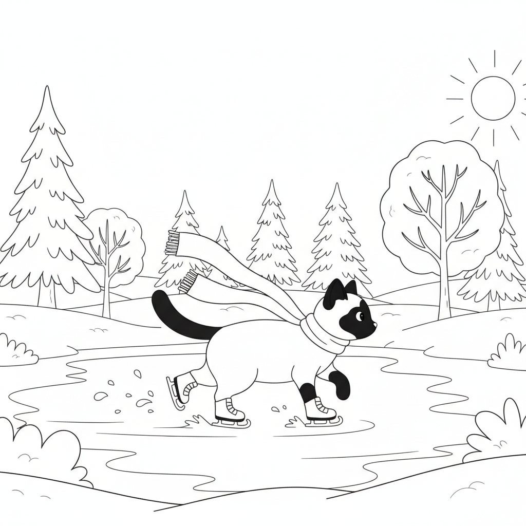 Joyful Siamese Cat Ice Skating — Free Coloring Page for Kids