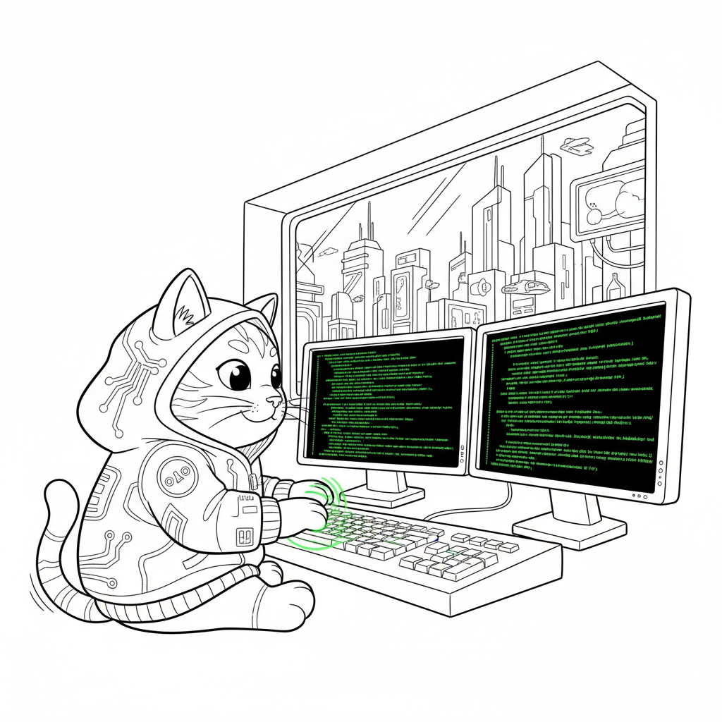 Colorful Cat at Computer Desk — Free Coloring Page for Kids coloring page