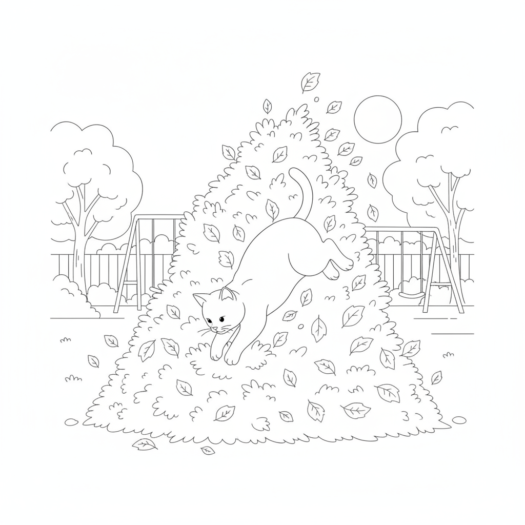 Fluffy White Kitten Jumping into Colorful Leaves — Free Coloring Page for Kids