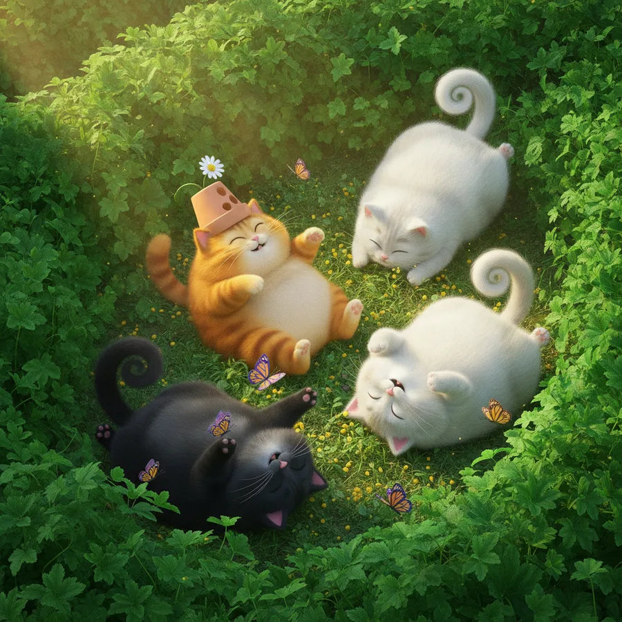 Esta encantadora página para colorir apresenta quatro gatinhos adoráveis relaxando em um jardim. As áreas de grama e flores são fáceis de colorir, enquanto os detalhes dos gatinhos oferecem um desafio divertido.