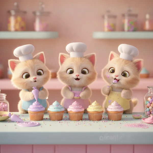 Three Kittens Decorating Cupcakes — Free Coloring Page for Kids