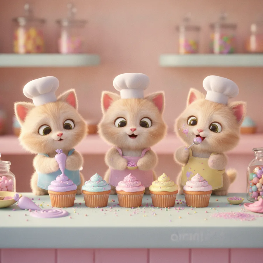 Three Kittens Decorating Cupcakes — Free Coloring Page for Kids