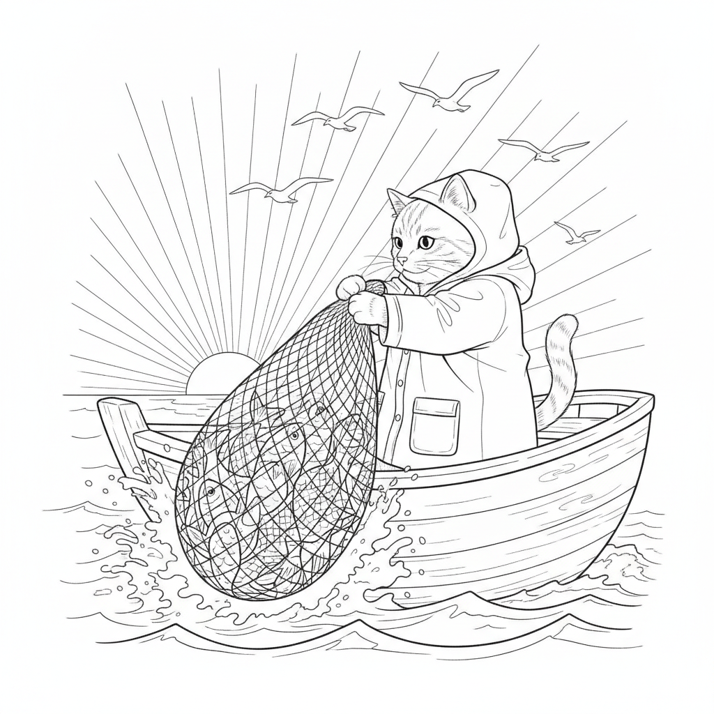 Fluffy Orange Cat in a Fishing Boat — Free Coloring Page for Kids