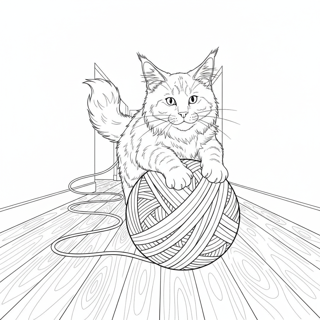 Gato Laranja Brincalhão em Bola de Lã — Desenho de Gato para Colorir — Grátis
