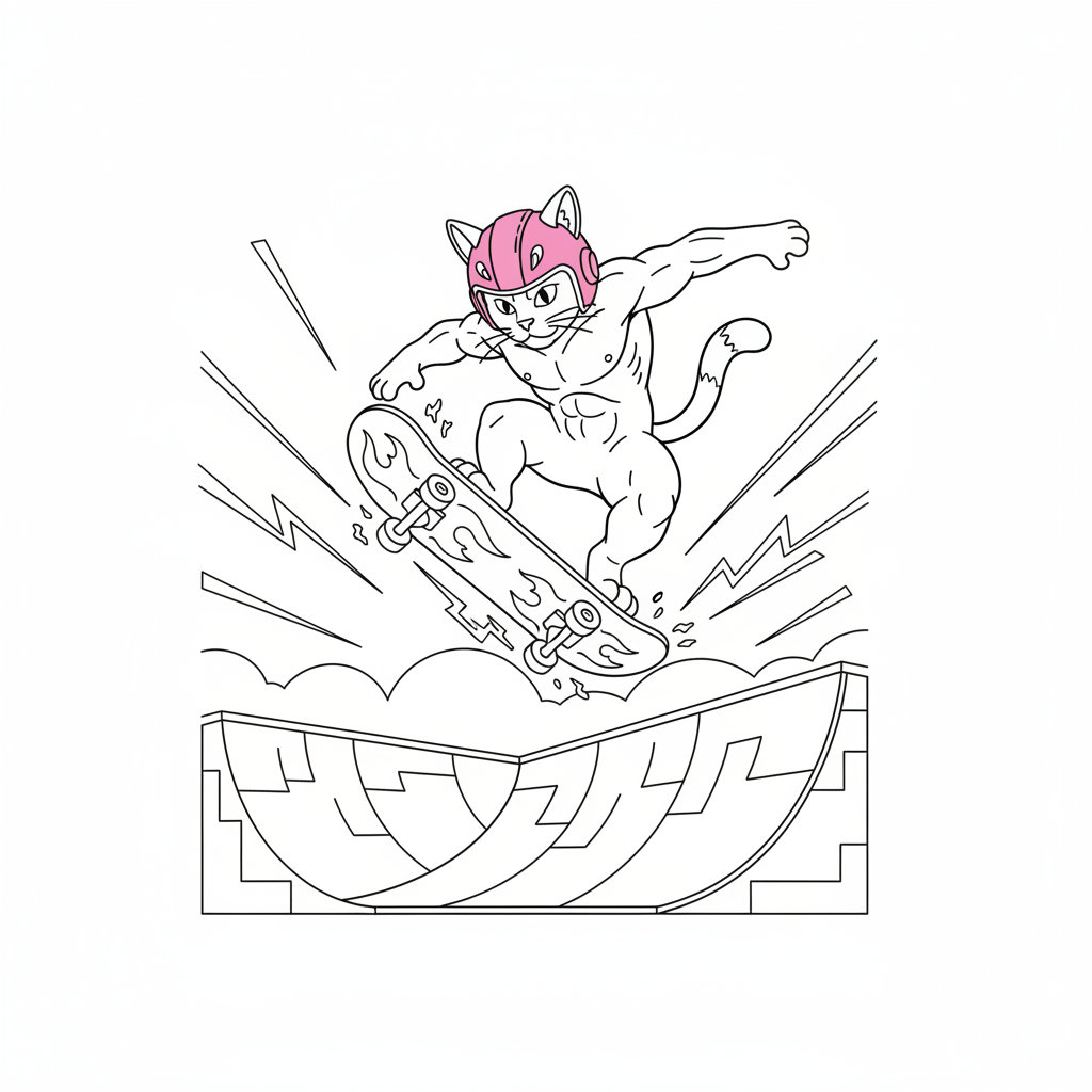 Skateboarding Cat in Mid-Air — Free Coloring Page for Kids coloring page