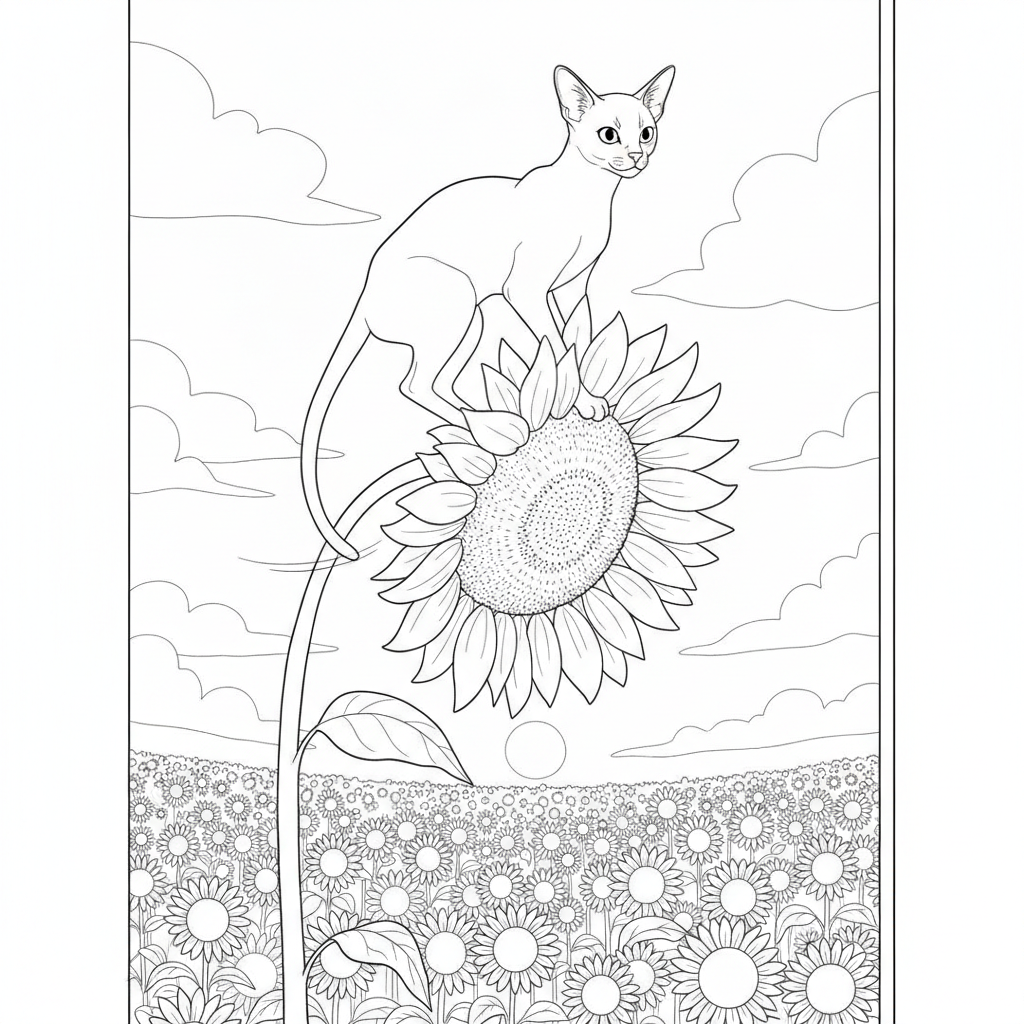 Playful Kitten on a Sunflower — Free Coloring Page for Kids