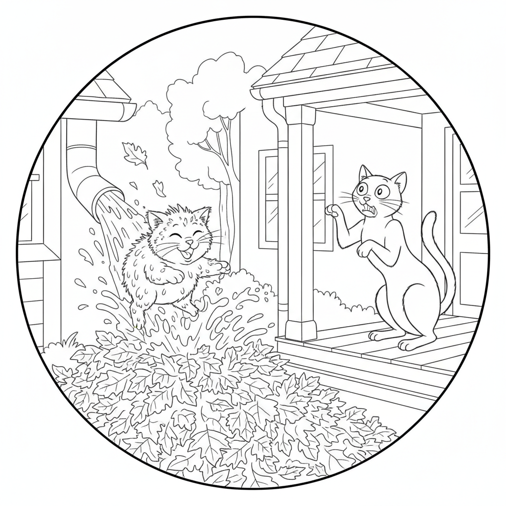 Chaton Joueur Éclaboussant dans des Feuilles d'Automne — Coloriage Chats — Gratuit à Imprimer