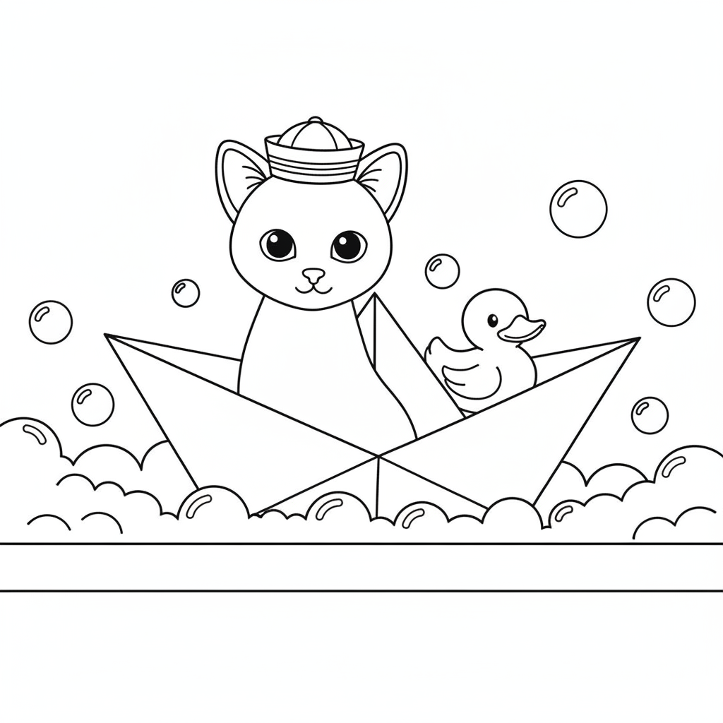 Adorable Kitten in a Paper Boat — Free Coloring Page for Kids