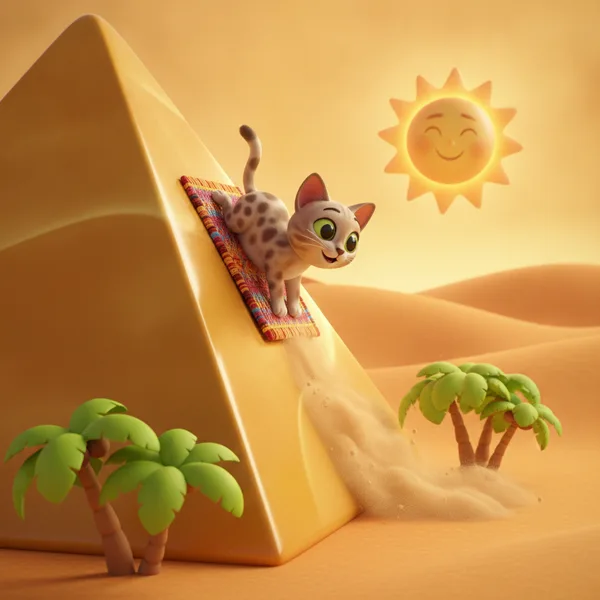 Playful Cat Sliding Down a Pyramid — Free Coloring Page for Kids