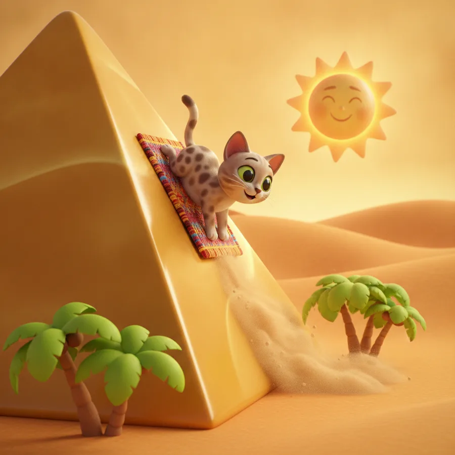 This playful cat sliding down a pyramid offers fun areas like the sun and palm trees that are easy to color. The pyramid may be a bit more challenging with its angles.