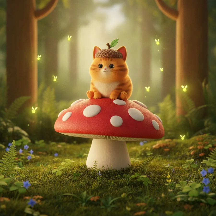 This delightful coloring page features a charming orange cat sitting on a bright red mushroom. The large areas of the cat and mushroom are easy to color, while the intricate details of the forest and fireflies provide a fun challenge.
