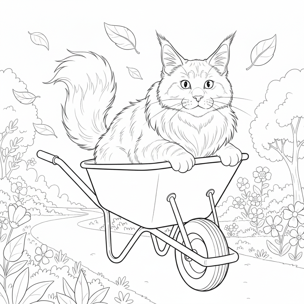 Cheerful Cat in Wheelbarrow — Free Coloring Page for Kids