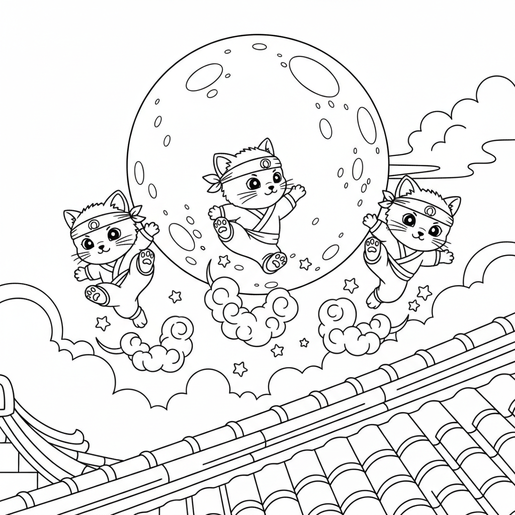 Joyful Ninja Kittens — Free Coloring Page for Kids coloring page