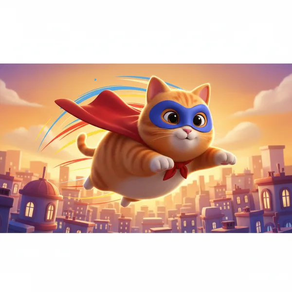Superhero Cat Soars Over City — Free Coloring Page for Kids